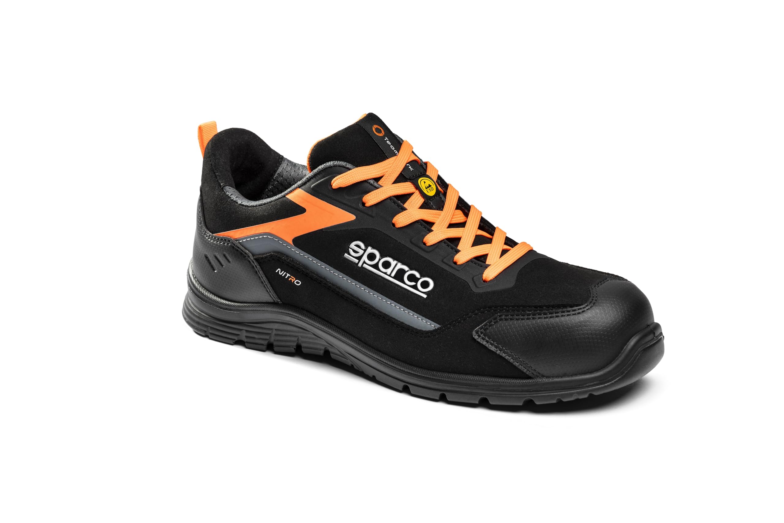 Sparco - Nitro ESD S3L SR FO - Zapatos de Seguridad para Correr Unisex - Calzado de Trabajo Impermeables - Puntera compuesta - Suela Antideslizante - Transpirables, Nero Arancione Fluo, 36 EU
