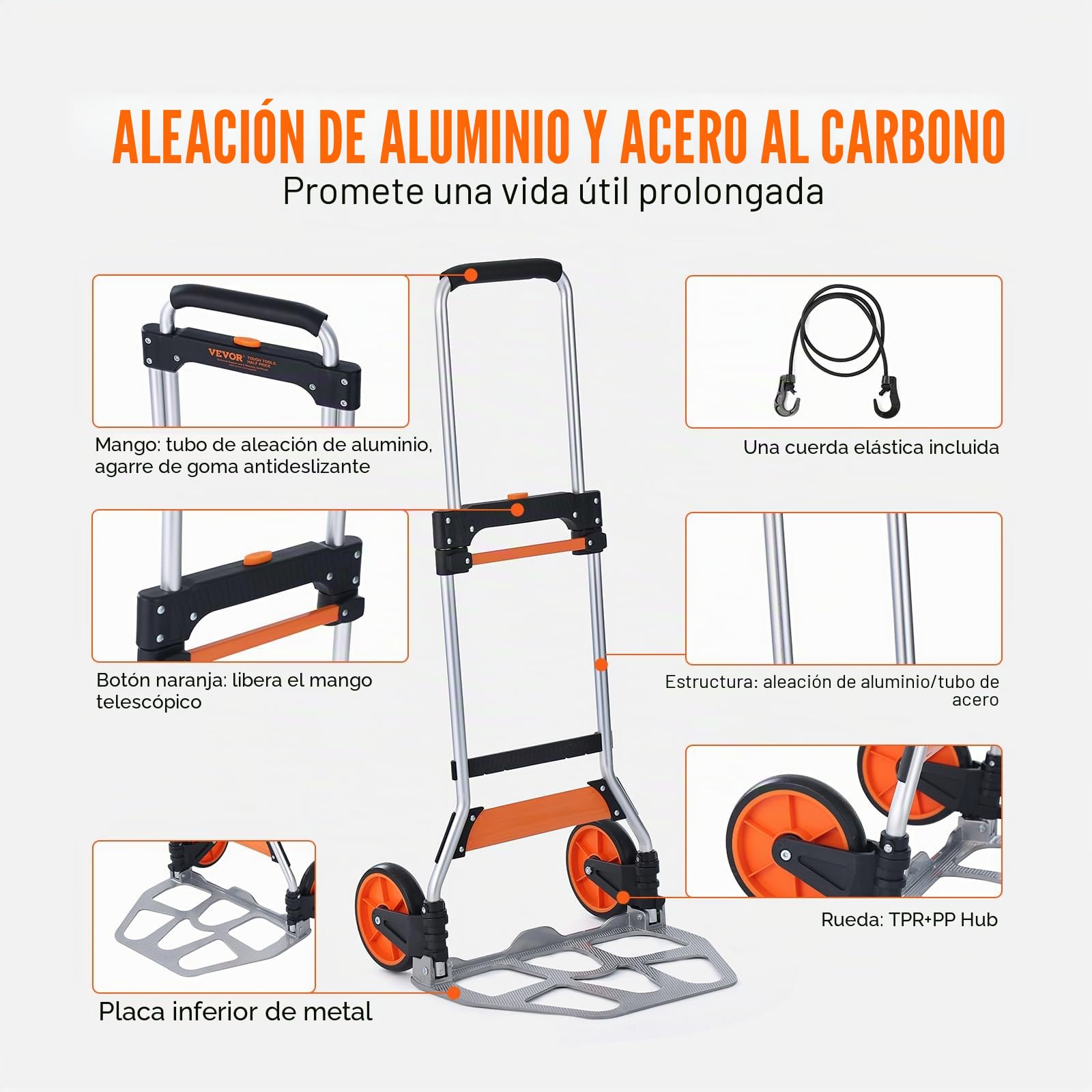 VEVOR Carretilla de Mano Plegable de Aluminio Carga 125 kg Carro de Mano con Ruedas de Goma Mango Telescópico