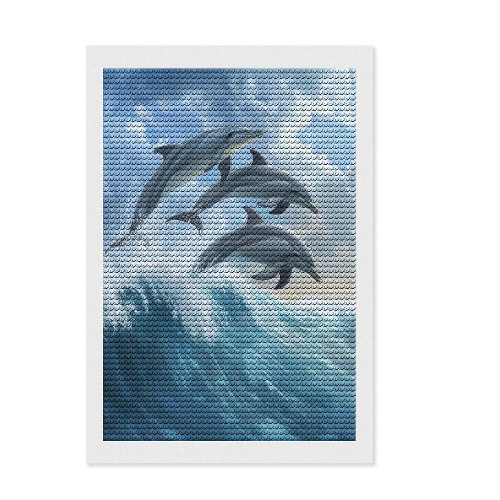 Junmoney Dolphins Leaping Wave 5D Diamond Painting Kit 8"x12", Round Gems, Sparkling Crystal Beads, Artistic Hobby, Farmhouse Decor