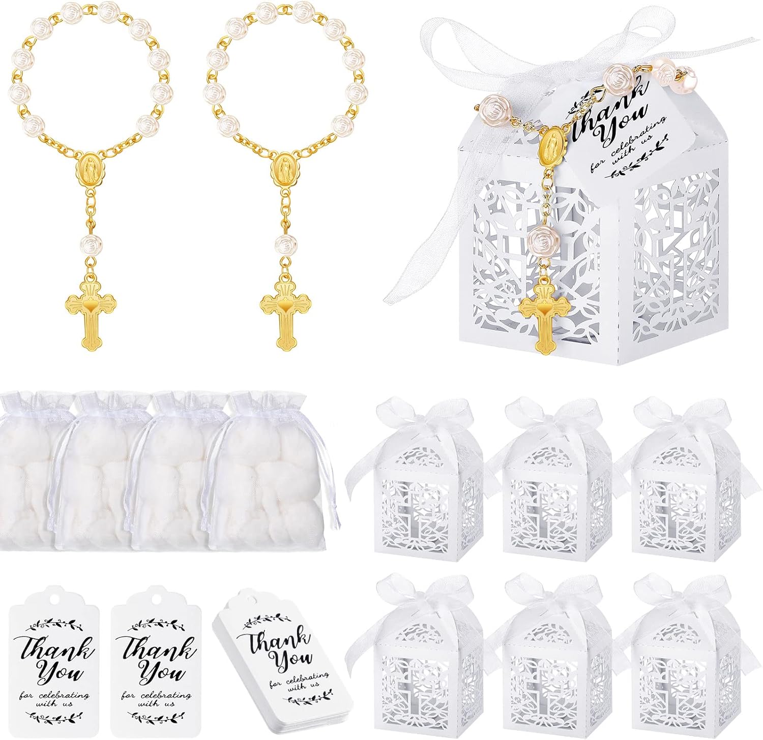 100 Pieces Baptism Favors Set Includes 25 Pieces Mini Rosary, Laser Cut Baptism Favor Boxes, White Organza Bags and 25 Pcs Thank You Tags for Bautizo Recuerdos Christening Wedding Party Supplies