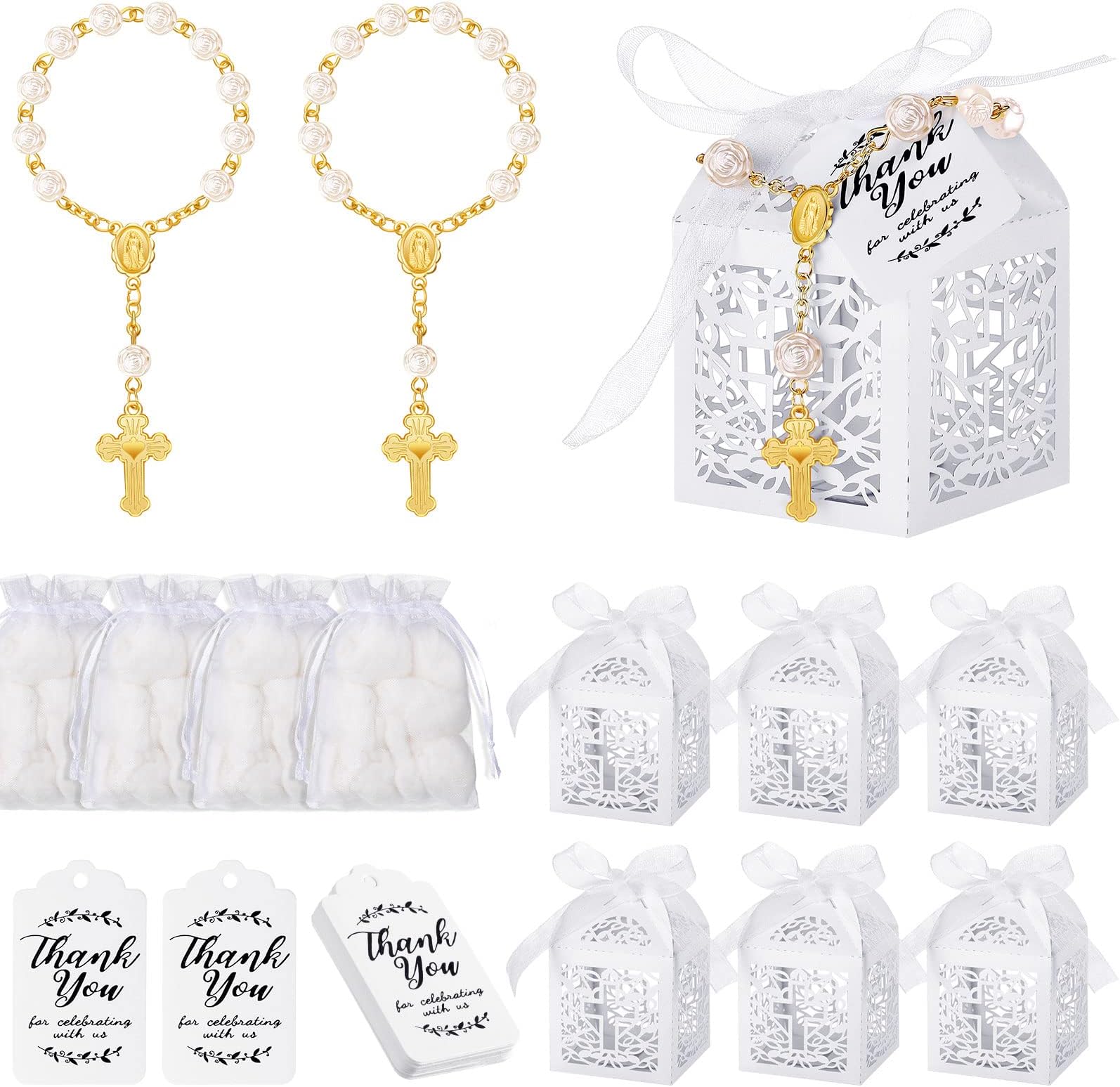 Sureio 100 Pieces Baptism Favors Set Includes 25 Pieces Mini Rosary, Laser Cut Baptism Favor Boxes, White Organza Bags and 25 Pcs Thank You Tags for Baby Shower Gifts Wedding Party Supplies