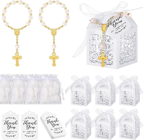 Miniatura 7 de El juego de 100 recuerdos de bautismo incluye 25 piezas de mini rosario, cajas de regalo de bautismo cortadas con láser, bolsas de organza blanca