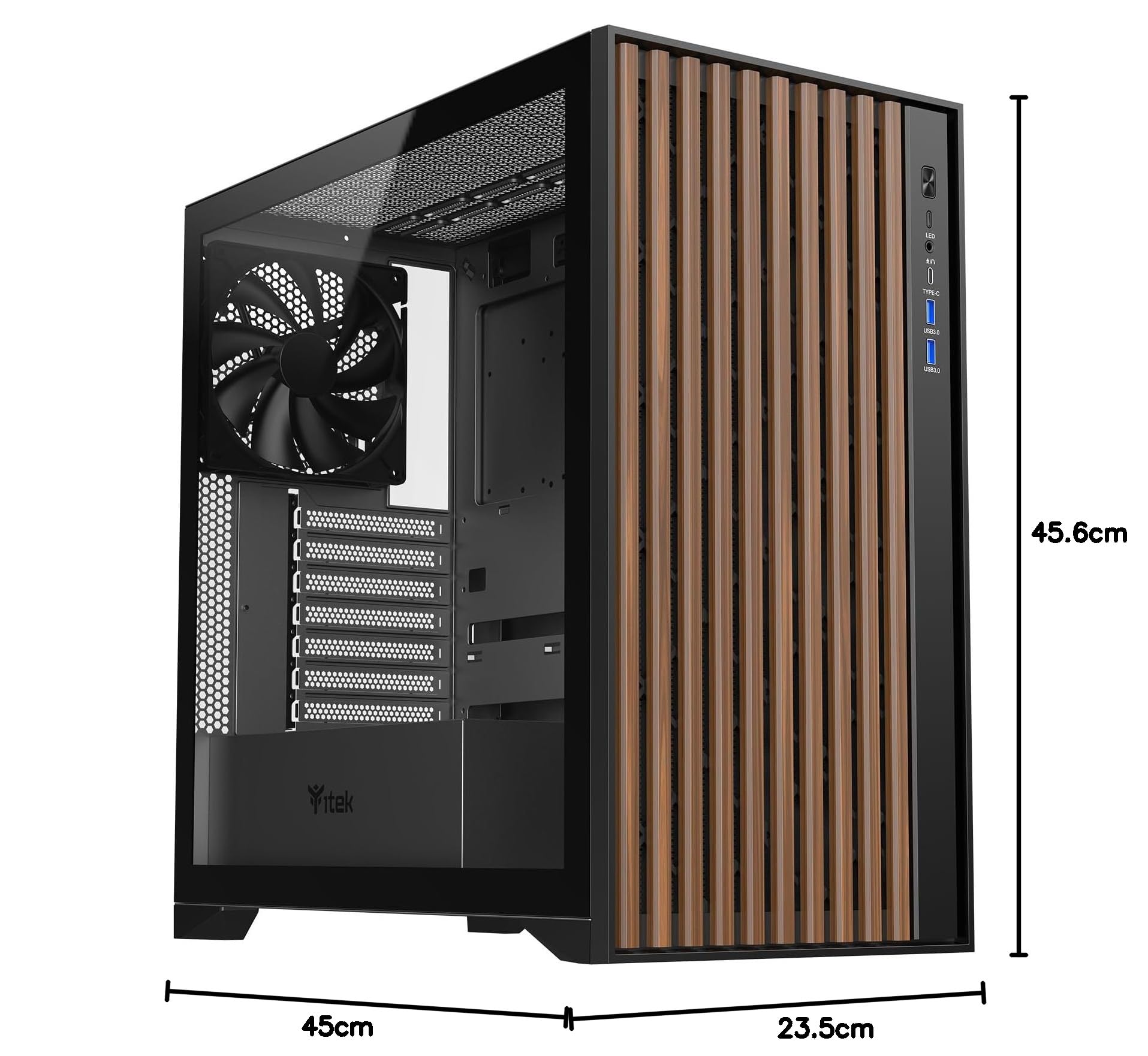 Itek case WOODY - Gaming Tower, ATX, 3x14cm Black fan, 2xUSB3, Type-C, Wood Front, Temp Glass Side Panel