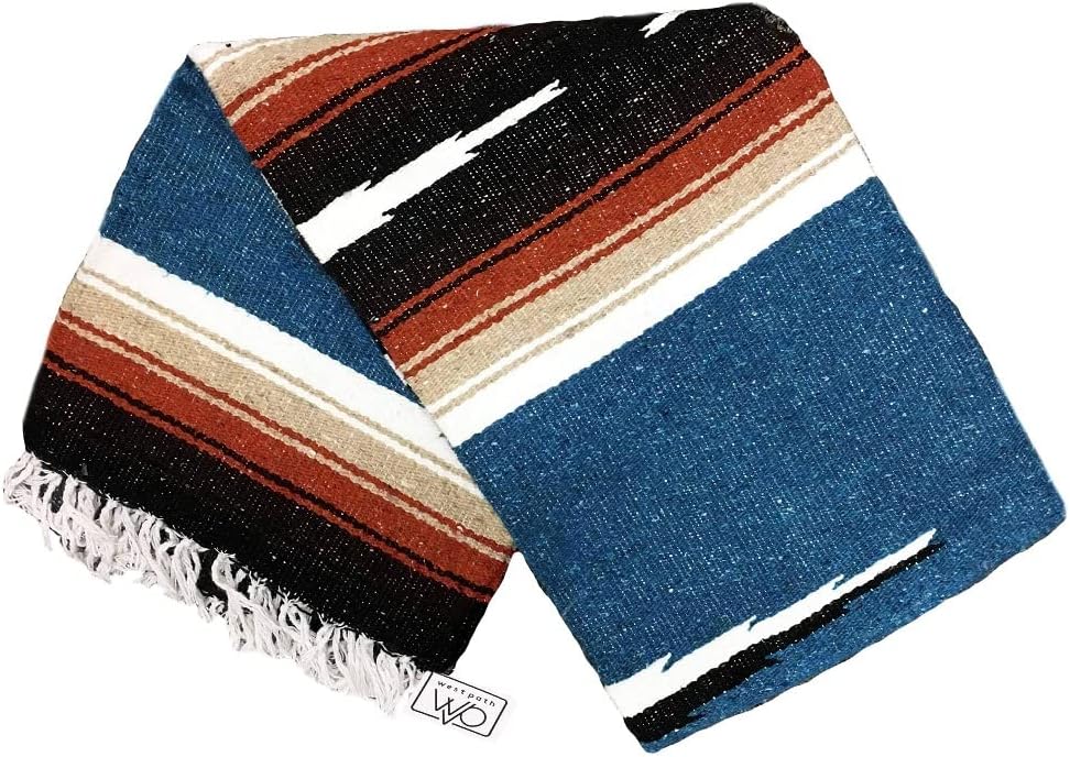 Open Road Goods Blue Mexican Yoga Blanket - Thick Diamond Serape Indigo with Tan/Khaki and Red/Maroon Stripes