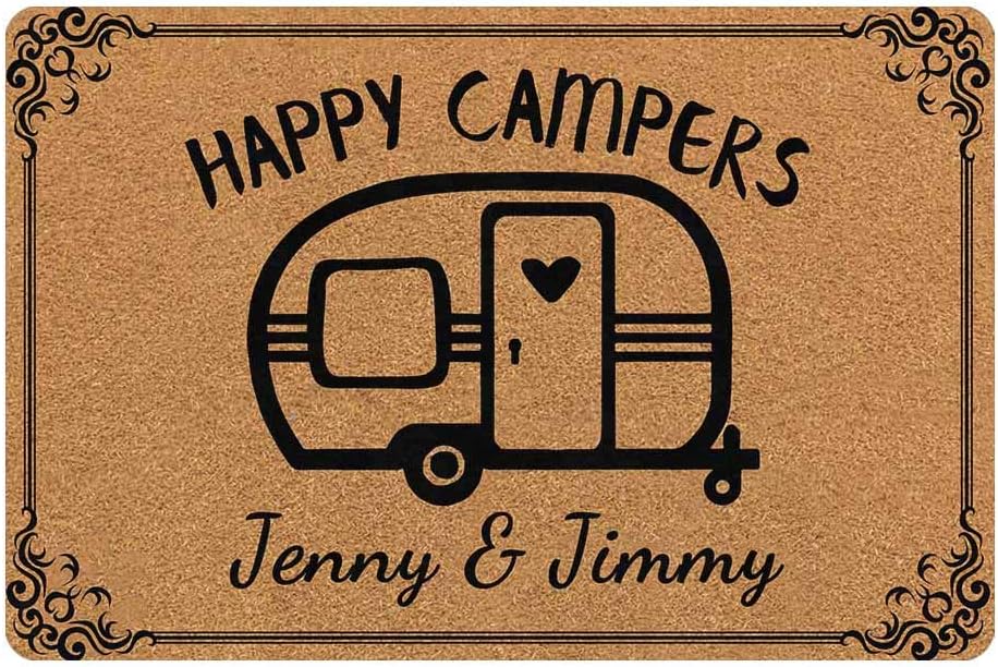 MyPupSocks Personalized Door Mat Text Name 24"x16" Rubber Mat Happy Campers Custom Door Mats for Home