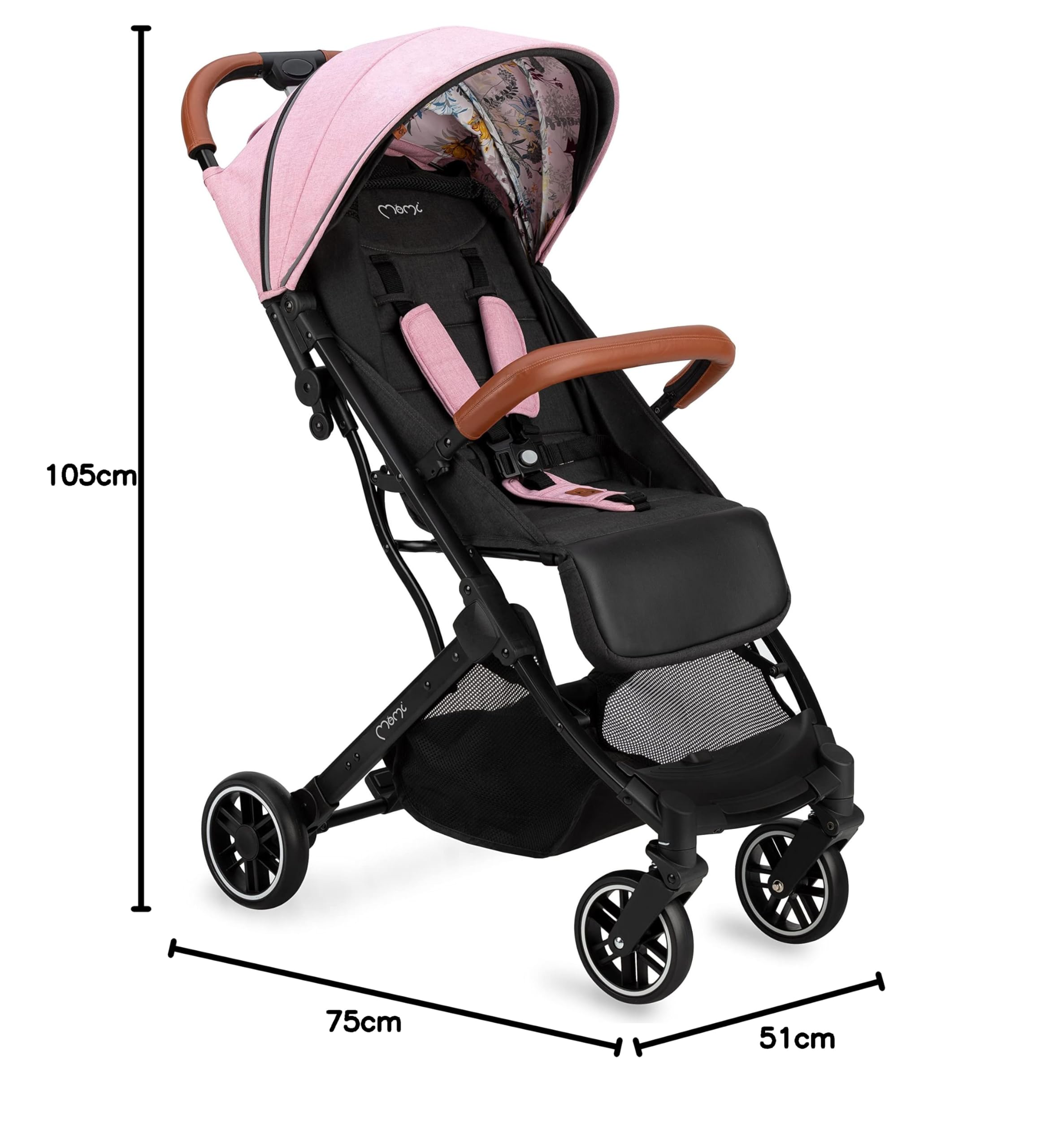 MoMi ESTELLE Silla de Paseo Ligera y Plegable, Carrito de Bebé Compacto con Respaldo Reclinable, Arnés Ajustable de 5 Puntos, Capota Protectora, Gran Cesta de Almacenaje, desde 6 Meses hasta 15 kg