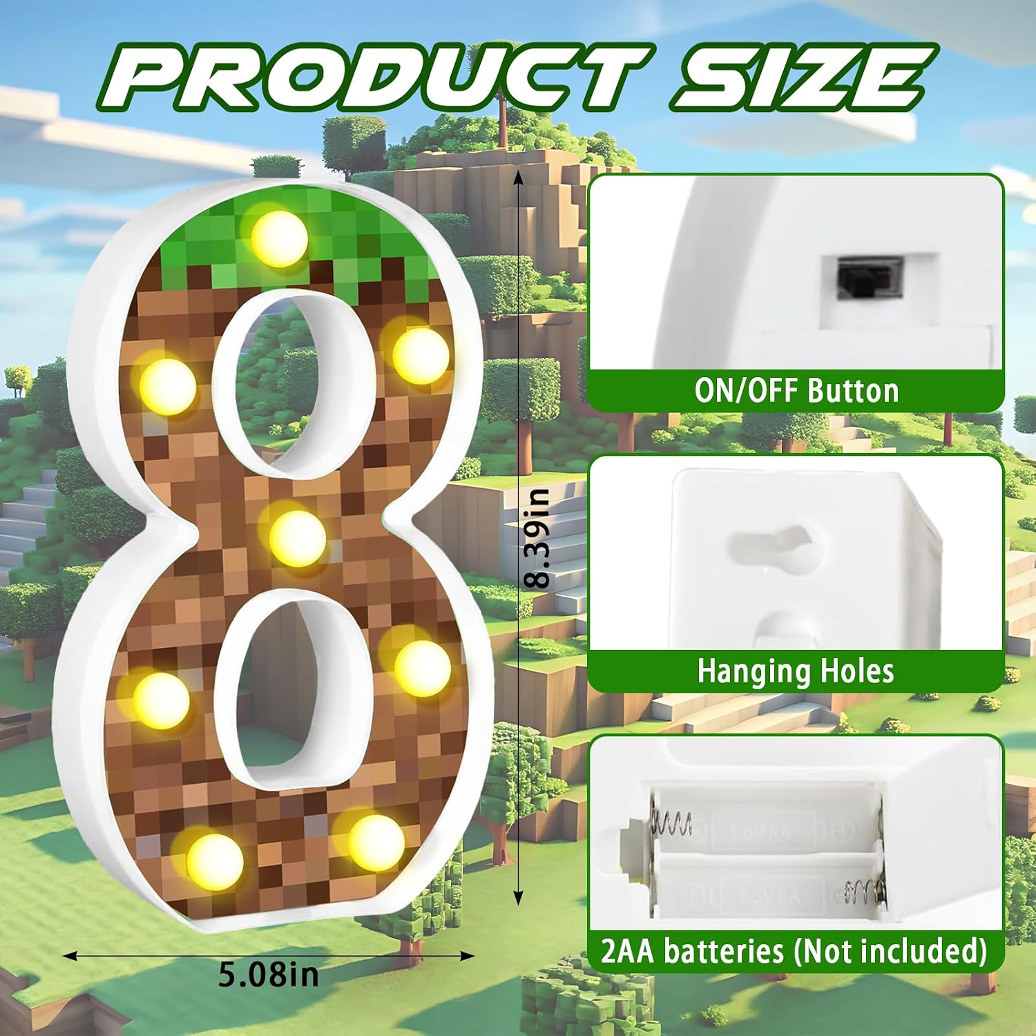 8.5" Pixel Game Party Decorations Light up Numbers Marquee Number Lights Sign Pixel Theme Birthday Party Supplies Table Centerpieces Pixel Pattern Game Theme Night Light for Home Decor (Number 8) image 2