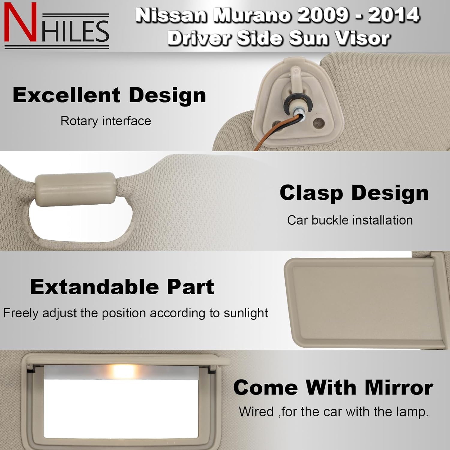 NHILES Driver & Passenger Side Sun Visor Fits for Nissan Murano 2009 2010 2011 2012 2013 2014 Replacement Sun Shade # 96401-1AA1B (Beige)