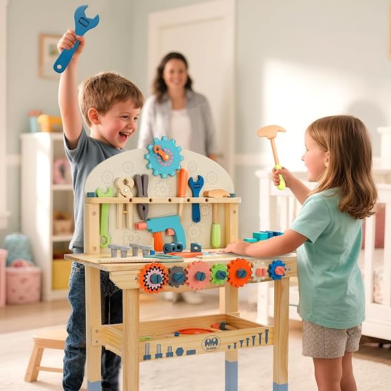 Tool Bench for Kids Toy Play Workbench Wooden Tool Bench Workshop Workbench with Tools Set Wooden Construction Bench Toy for 3 4 5 Year Old Boys and Girls