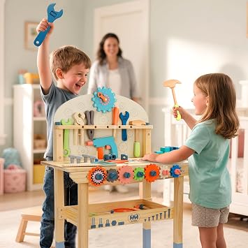 Tool Bench for Kids Toy Play Workbench Wooden Tool Bench Workshop Workbench with Tools Set Wooden Construction Bench Toy for 3 4 5 Year Old Boys and Girls