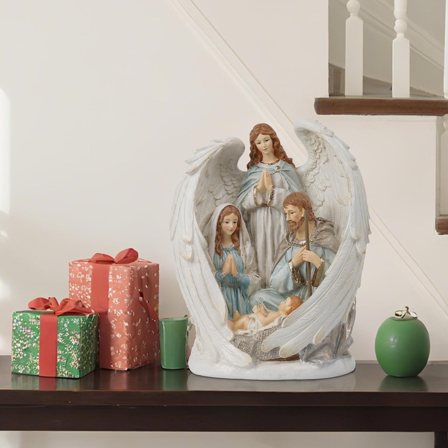 Braxio Christmas Decorations Indoor Nativity Angel Sets - Holy Family Tabletop Scenes Indoor Nativity Angel for Women Home Decor 10x6.5x12.4Inch