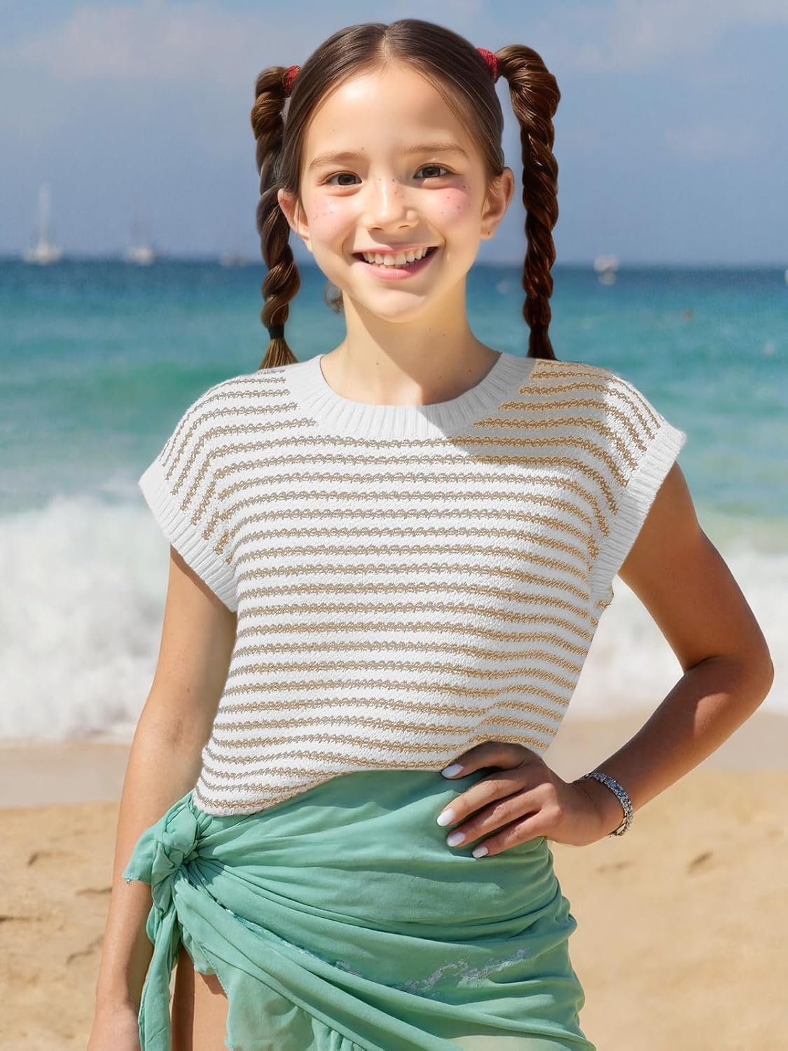 Girls 2026 Spring Summer Crop Tops Sweater Vest Striped Cap Sleeve Round Neck Casual Clothes Knit Pullover School Outfits - Image 2