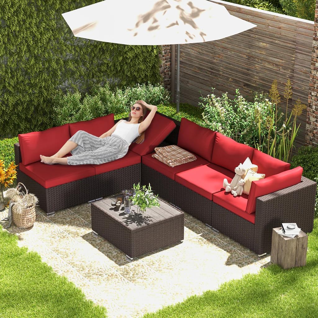 LOCCUS Outdoor Sectional Furniture for 3 Piece,Wicker Patio Furniture,All-Weather Brown HDPE Rattan Sofa Conversation Set with Table for Garden Poolside (Dark Brown and Red)-image-7