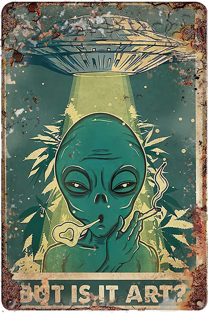 UFO Alien Smoking Weed Metal Sign – Vintage Tin Wall Art, 16x12 Inch – Stoner, Hippie & Pub Bar Decor for Home, Coffee Shop, Restaurant, or Club