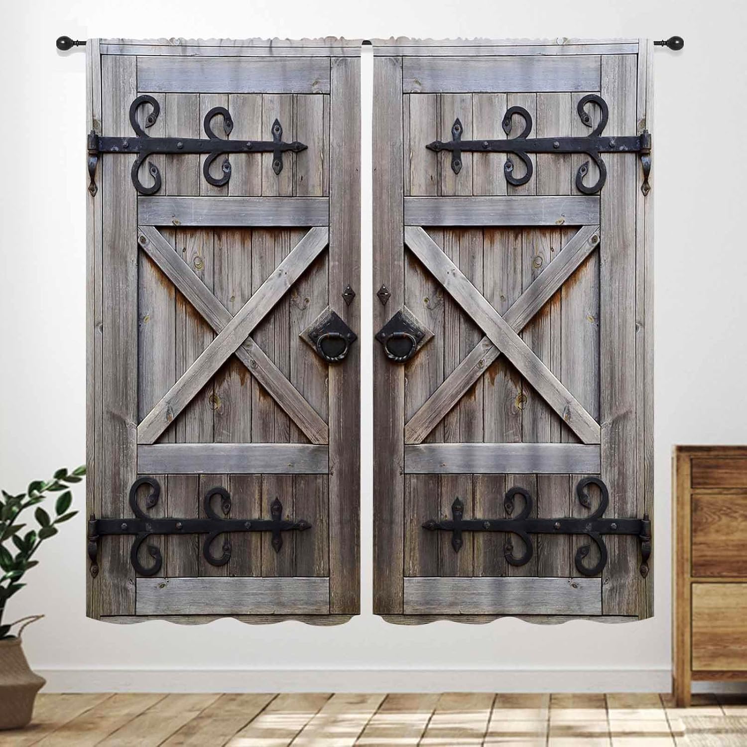 Wooden Barn Door Kitchen Curtains,Rustic Gray Vintage Farmhouse Western Curtains Village Rust Cabin Window Treatment Drapes for Bedroom Living Room Cafe 2 Panels,84X84 Inch