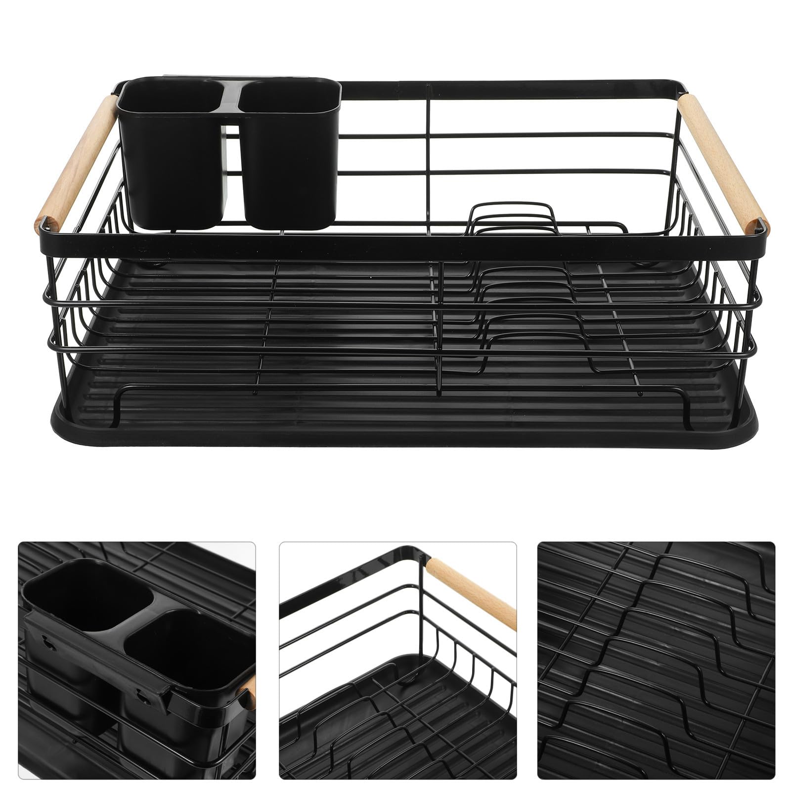 Escurridor Organizador Multifuncional Negro Gran Capacidad de Platos de Hierro para Cubiertos y Vajilla Bandeja para Encimera de Cocina