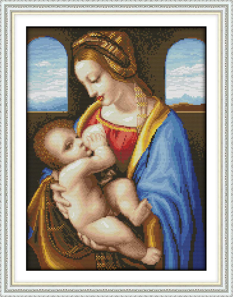 YEESAM ART Cross Stitch Kits for Adults Beginners Madonna Litta by Leonardo da Vinci Pre Printed 11ct, DIY Stamped Embroidery Starter Kit Easy Sewing Set Home Decor