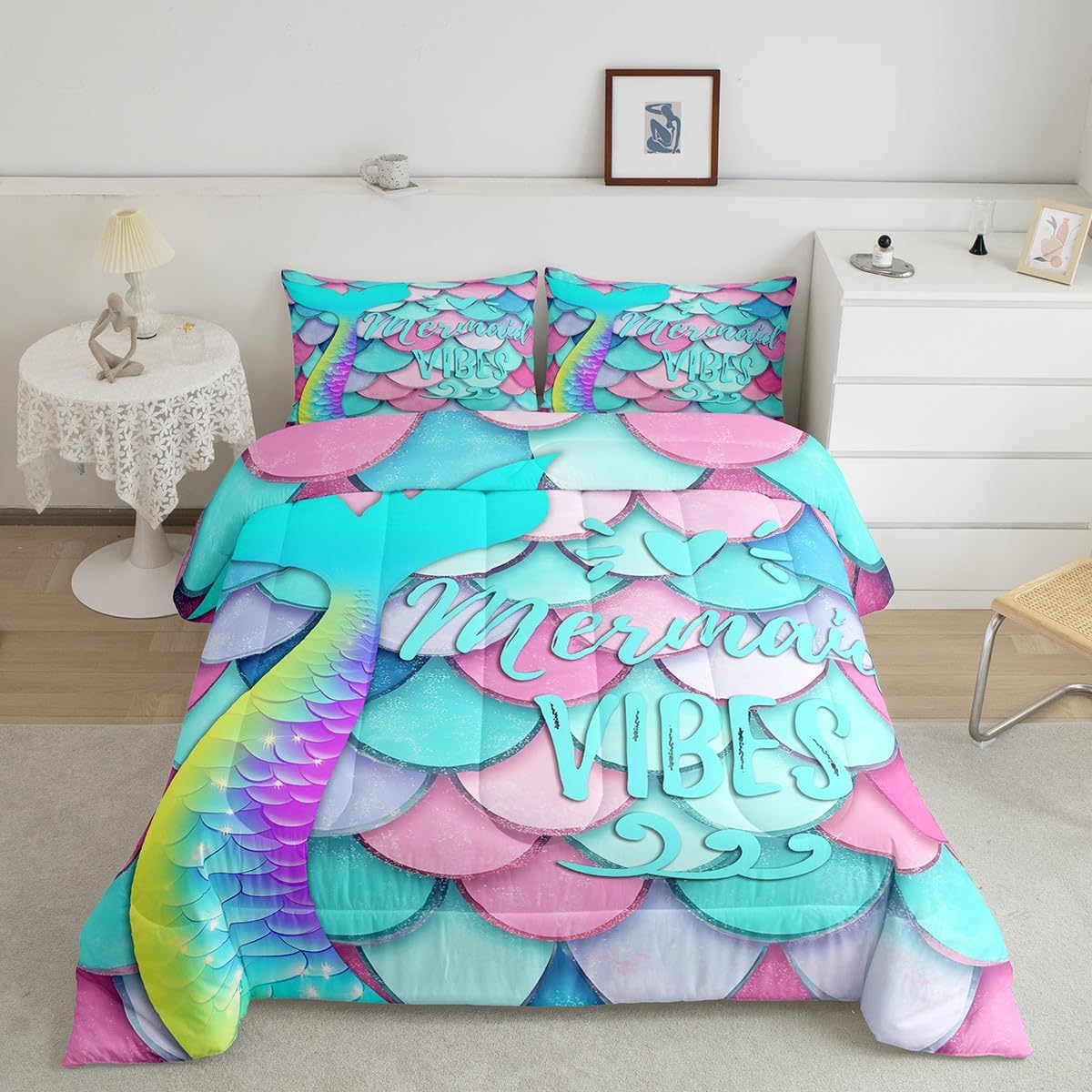 Erosebridal Girls Mermaid Comforter Set Twin Size, Kids Fish Scales Duvet Sets, Rainbow Sweet Bedding Set for Boys Teens Women Bedroom, Ocean Life Sea Animal Down Comforter with 1 Pillow Case