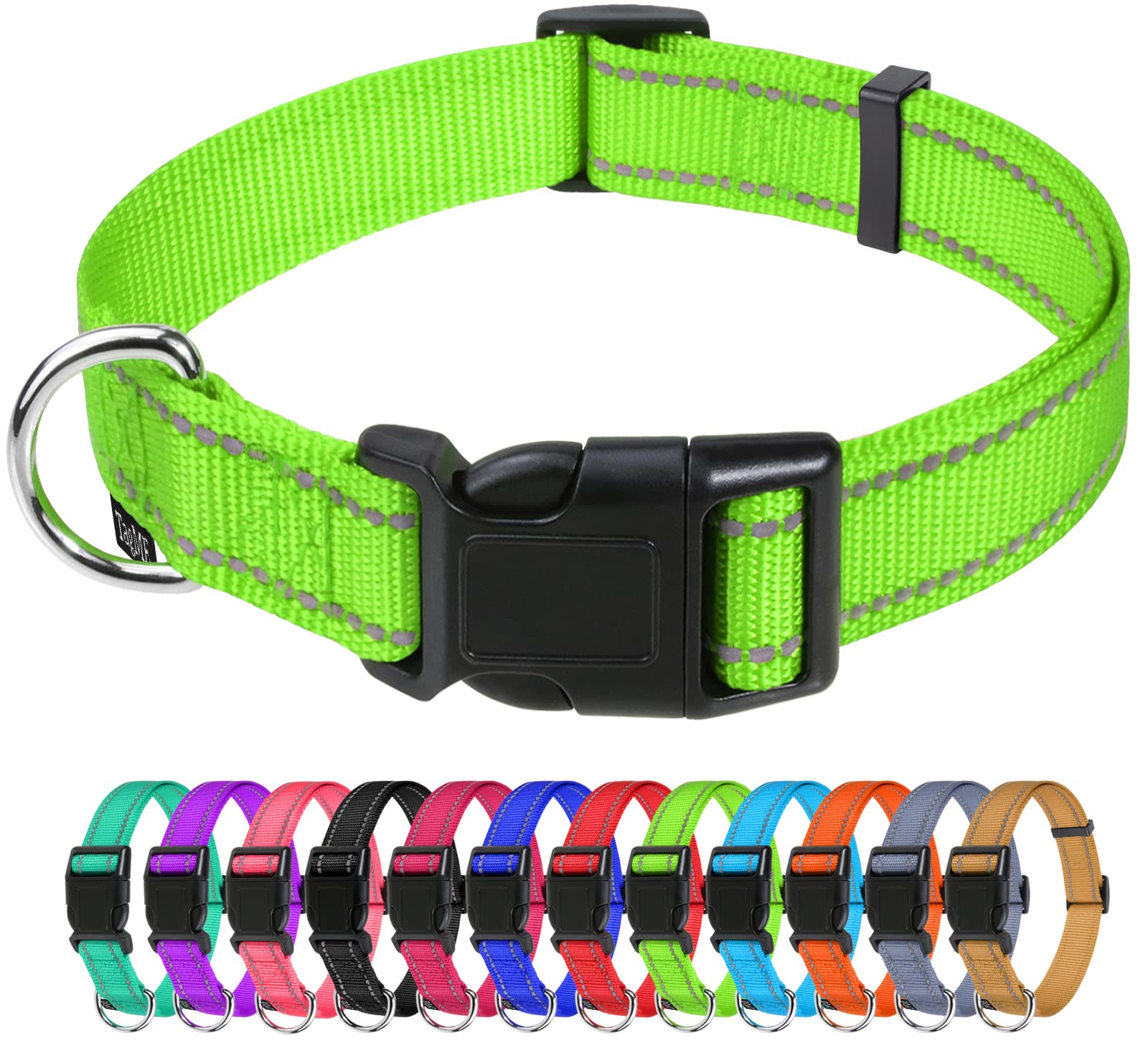 TagME Reflective Nylon Dog Collars, Adjustable Classic Dog Collar with Quick Release Buckle for Extra Large Dogs, Green, 1¼" Width