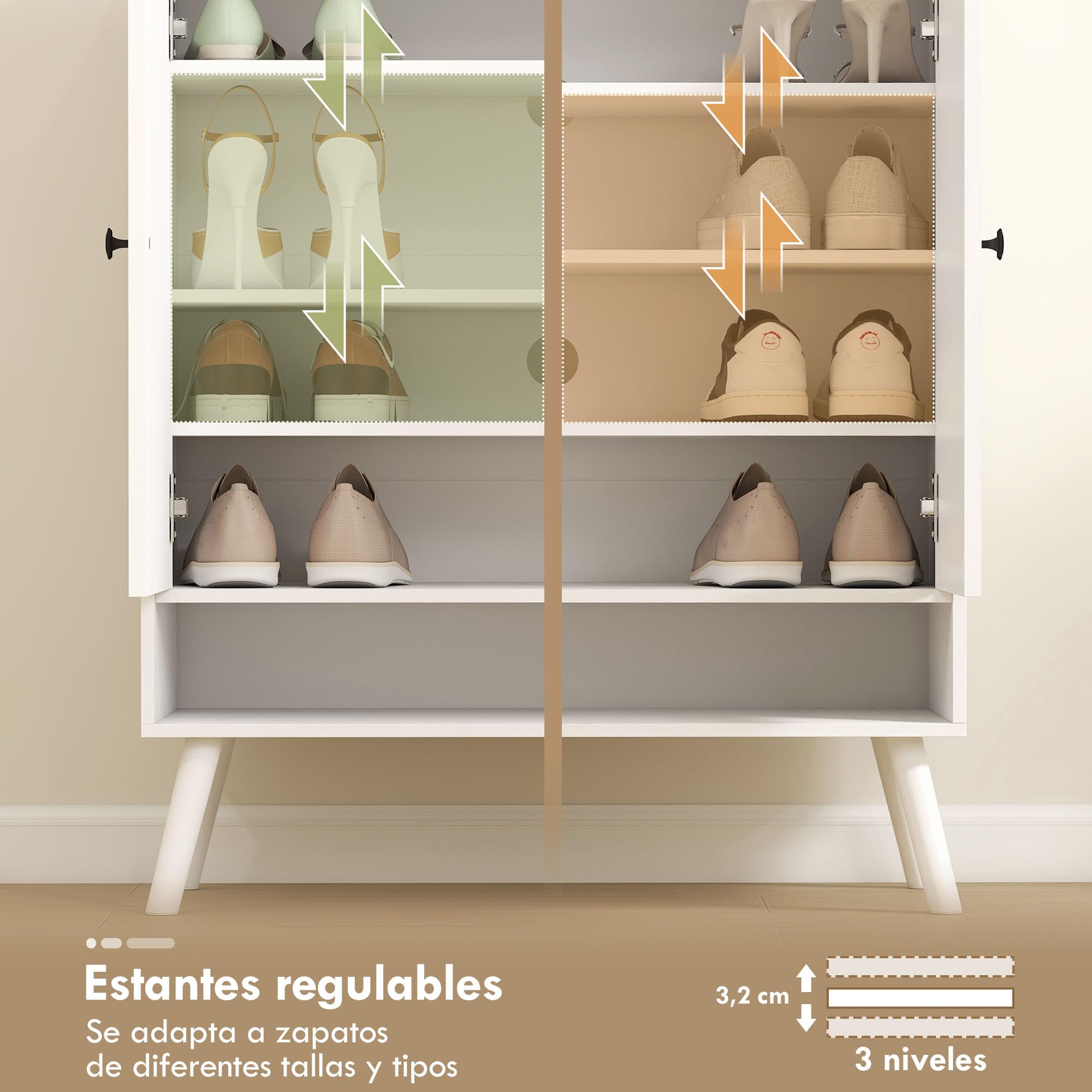 HOMCOM Zapatero de 2 Puertas en Lamas para 15 Pares 75x35x97 cm Blanco | Zapatero Entrada Recibidor, Estantes Ajustables, Compartimento Abierto