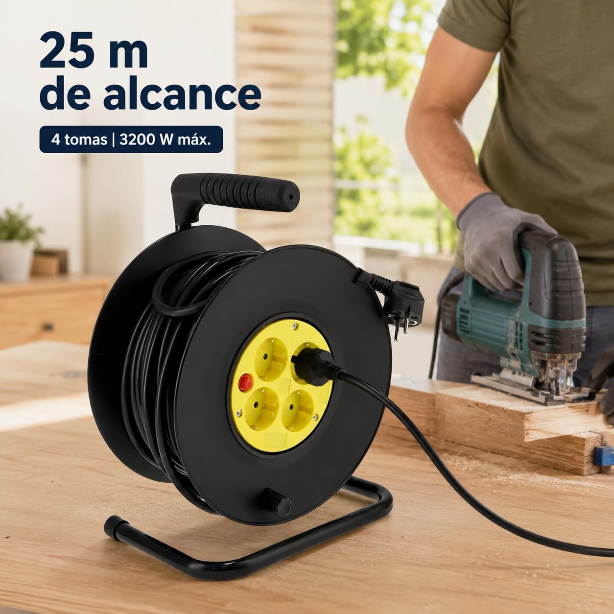 M mimotec - Kabeltrommel für den Außenbereich, 25 m, 4 Steckdosen, 3200 W, 16 A | Kabel H05VV-F 3G1,5 mm² | Kinderschutz | Verlängerungskabel für Garten, Garage und Werkstatt