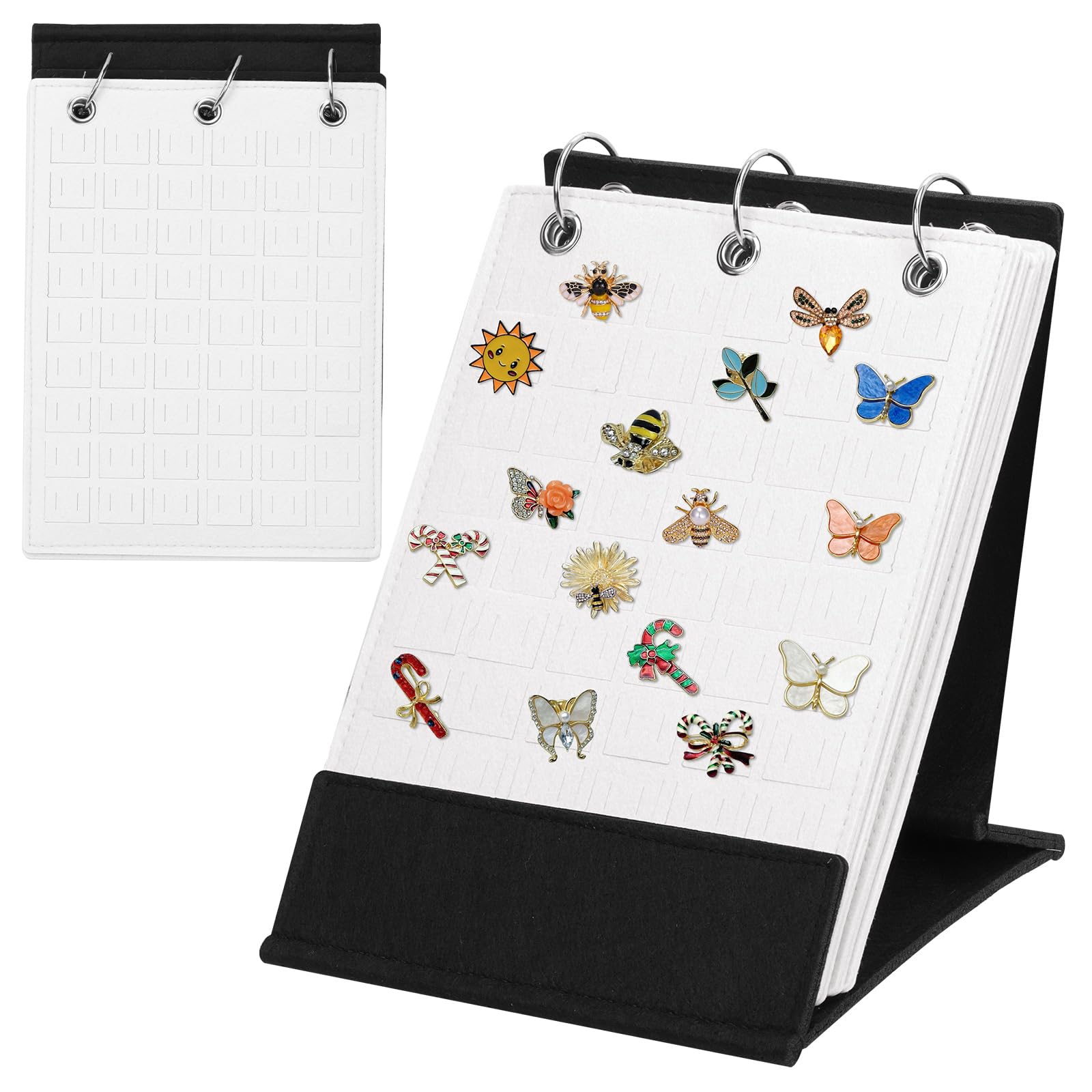 Mardatt 1Pcs Pin Display Holder Stand, White Brooch Organizer for 270 Pins, Enamel Pin Display Board with With 3 Binders and 5 Pages, Tabletop Pin Collection Storage Rack for Badges Jewelry