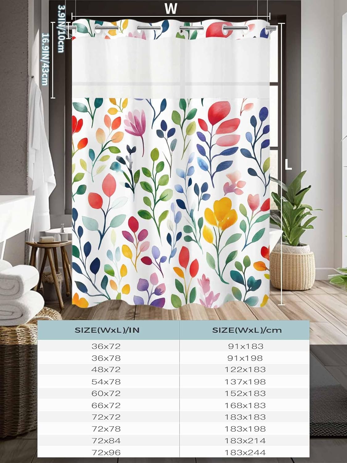 Teamery No Hook Shower Curtain with Snap in Liner, Easter Spring Watercolor Colorful Leaves Curtain Set See-Through Top Double Layers Fabric Shower Curtains Abstract Art for Bathroom Decor, 60x72in