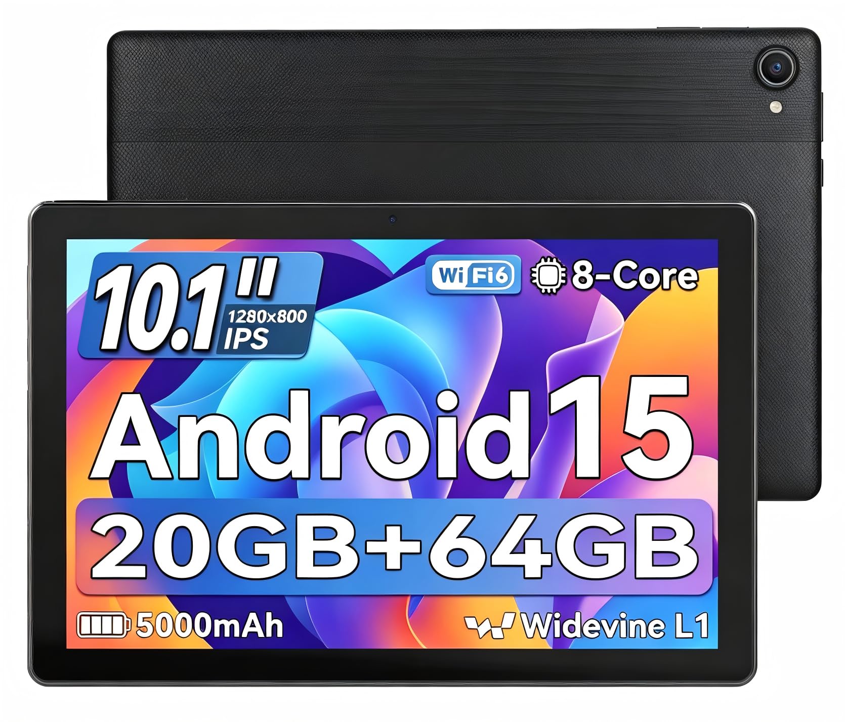 Jeazans Tablet,10.1 Inch Android 15 Tablet with 20GB RAM 64GB ROM 1TB Expansion, Octa-core Processor, 5MP+8MP Camera, Widevine L1 (Black)