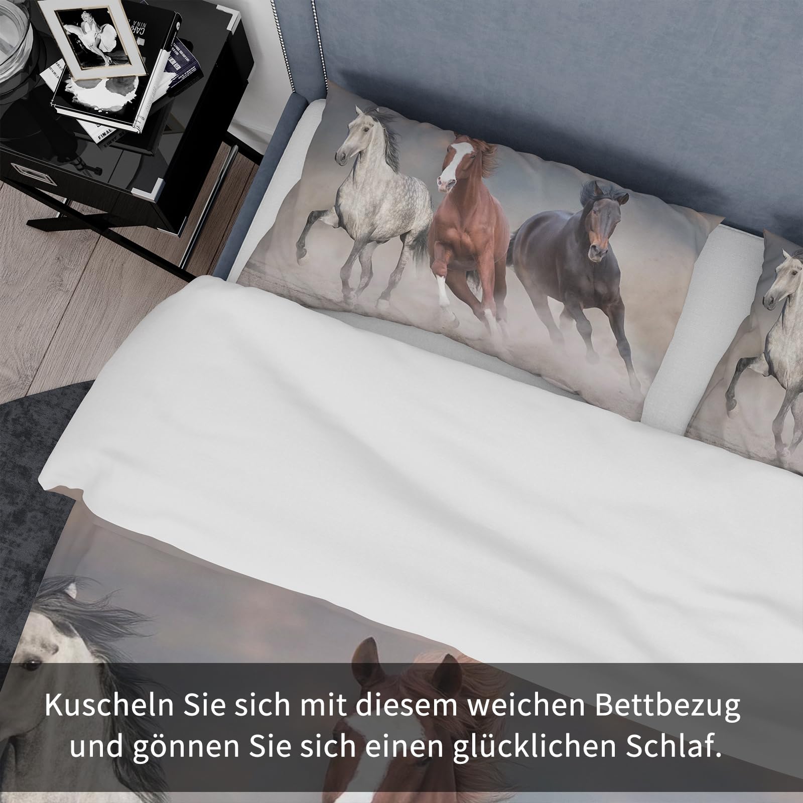 Komplet pościeli z koniem – biała, czarna, brązowa, pościel z motywem konia, 3 sztuki, zestaw pościeli bawełnianej dla dorosłych, dekoracja sypialni (B, King (220 x 240 cm)