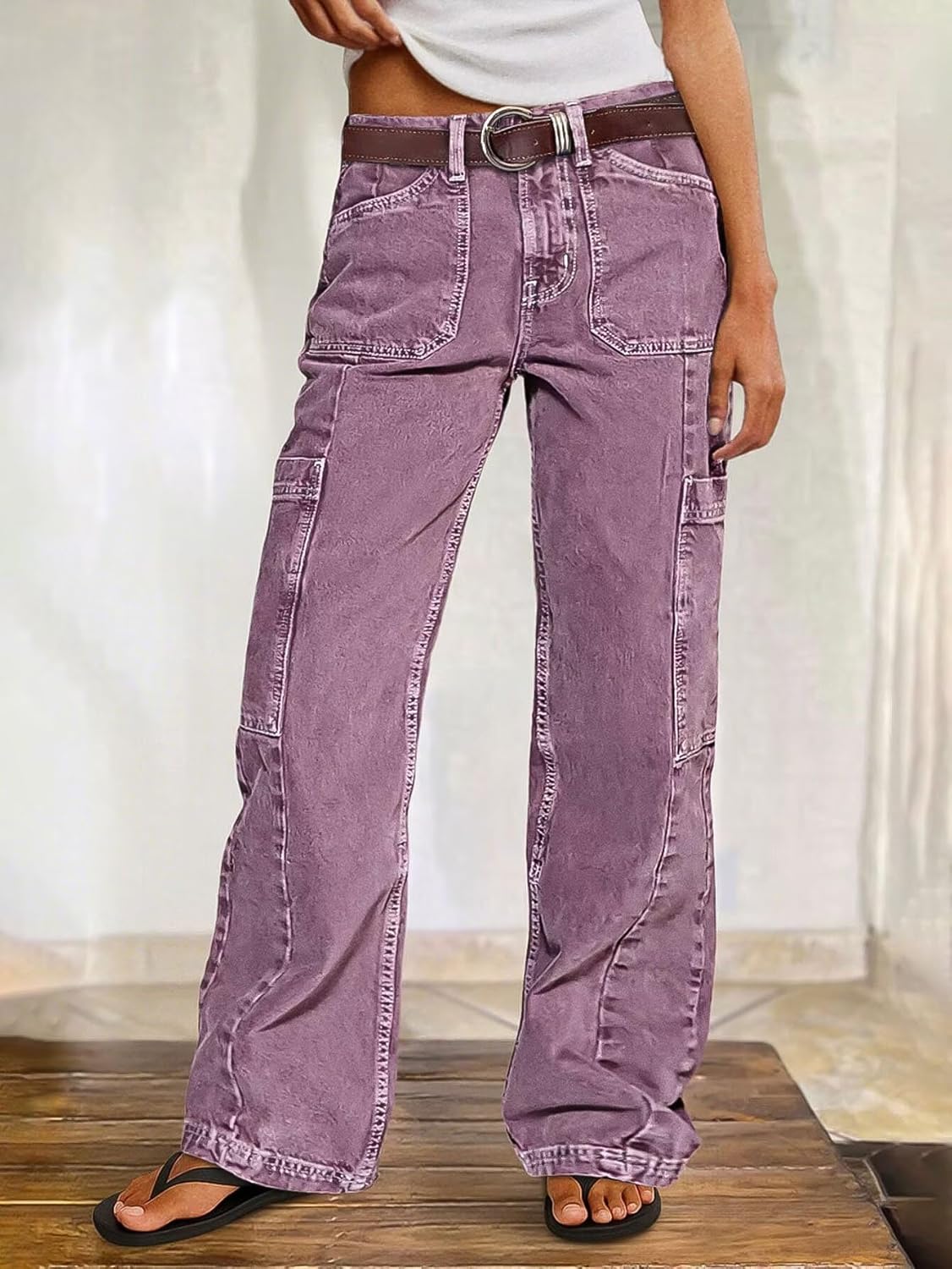 Flamingals Wide Leg Jeans for Women Mid Waist Baggy Stitch Decor Denim Washed Pants Without Belt