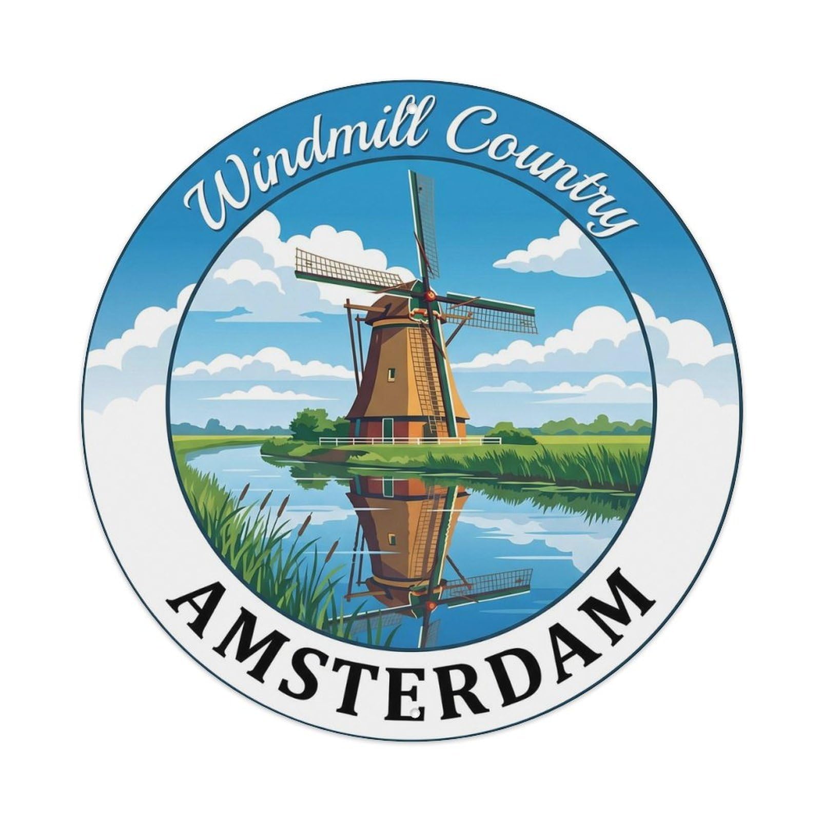 Classic Amsterdam City Windmill Water Scenic Landmark Metal Tin Sign Plaque Wall Decor for Cafe, Man Cave, Club Bar, Office, Home Garden Round Metal Poster 8x8Inch