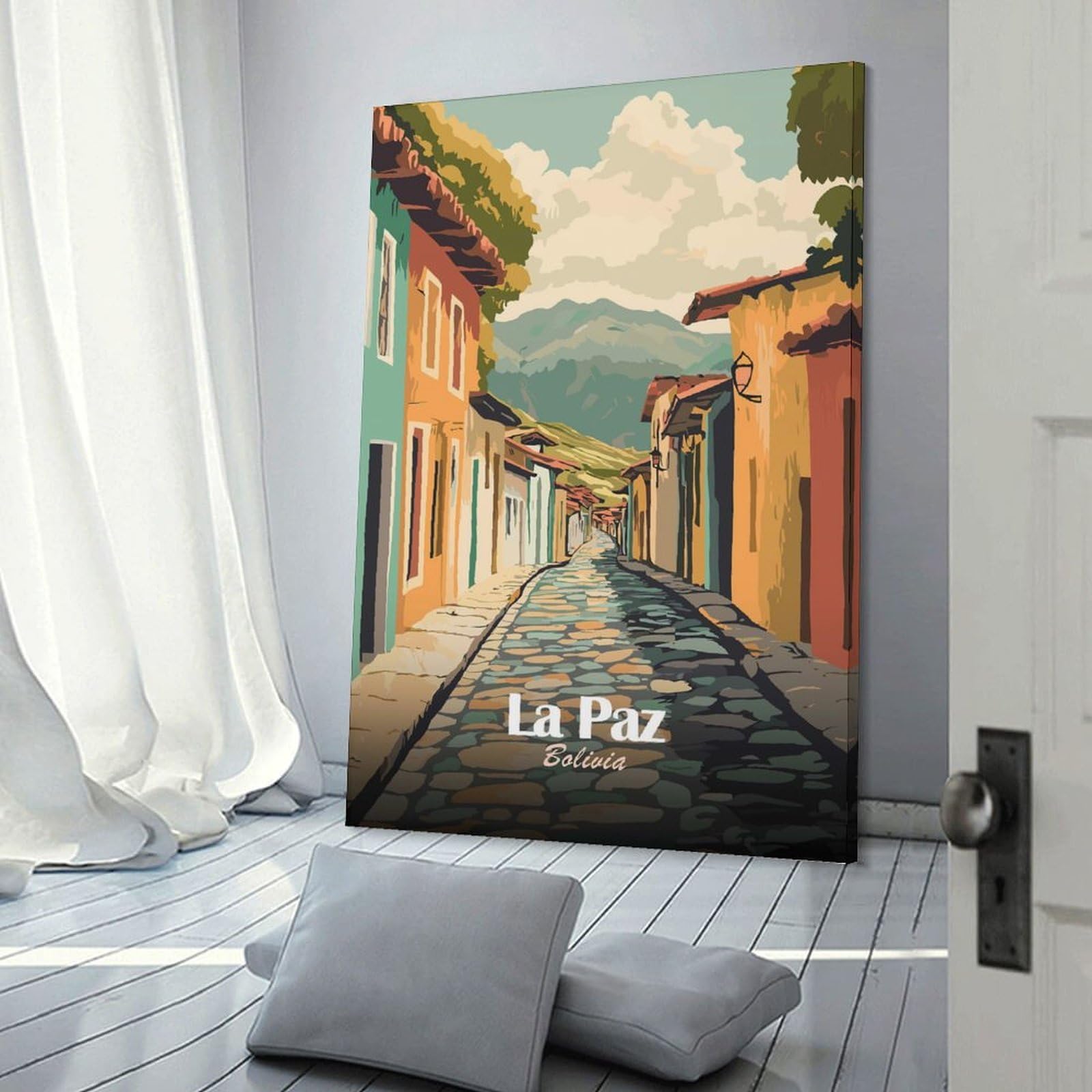 Junmoney La Paz, Bolivia Street View Illustration Canvas Wall Art, 12x18inch(30x45cm), for Wall Displays, Bedrooms Or Room Updates, Ideal for Building A Coordinated Art Wall