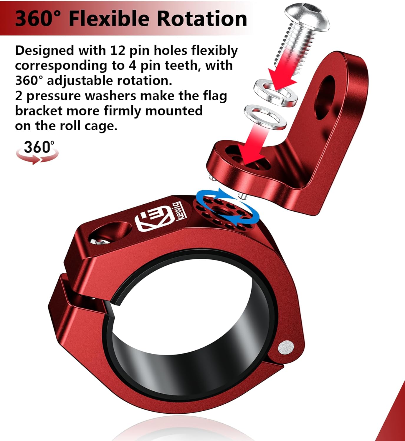 VAZESWIN 2 PCS UTV Whip Light Mounts, Sturdy Aluminium Alloy UTV Whip Flag Mounts, 360° Rotating Adjustable Off-Road Light Bar Mounting Brackets for 1.5" / 1.65" / 1.75" / 1.85" / 2" Roll Bars, Red