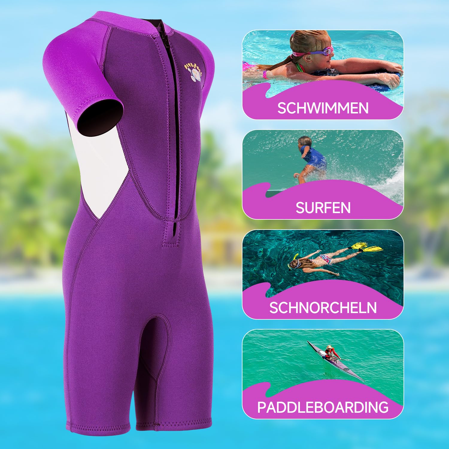 Kinder Neopren Shorty 2,5 mm mit Frontverschluss, UV‑Schutz 50+ wärmender Nassanzug für Jungen und Mädchen zum Baden Planschen Schnorcheln Surfen am See, Meer und Strand