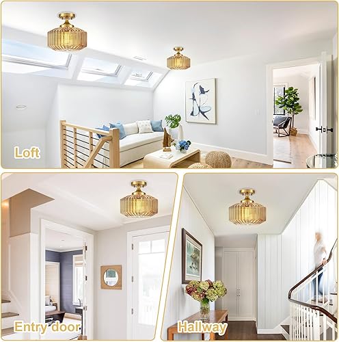 Miniatura 3 de Lámpara de montaje empotrado de 11.02 pulgadas, 1 lámpara de techo con pantalla de vidrio soplado a mano a rayas ámbar, base E26 para cocina,