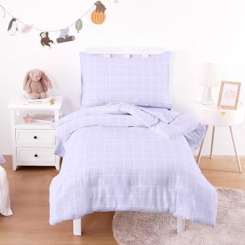 Wake In Cloud - Toddler Bedding Set for Boys Girls, Vintage Plaid Grid Checkered, 4 Pieces Soft Crib Bed Set Including Comforter, Sheets and Pillowcase, Light Purple