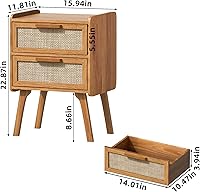 Vista 3 de Lerliuo Rattan Nightstands Set of 2, Boho Night Stand with 2 Drawers, Cane Accent Side End Table, Bedside Table with Solid Wood Legs for Bedroom