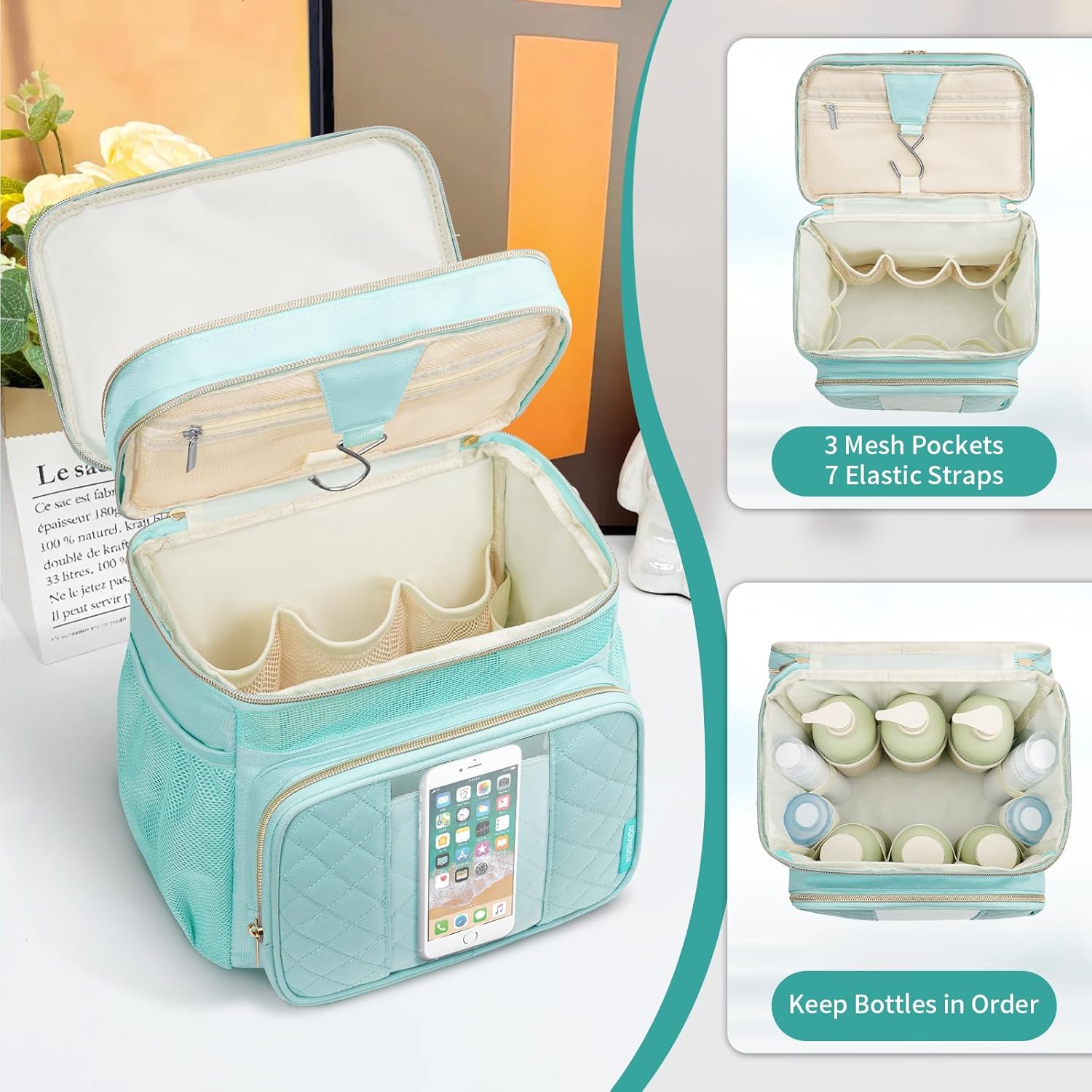 WOOMADA Toiletry Bag with Hanging Hook, Large Hanging Toiletry Bag for Women, Portable Shower Caddy for Travel, Breach, Gym, Camping(Turquoise)