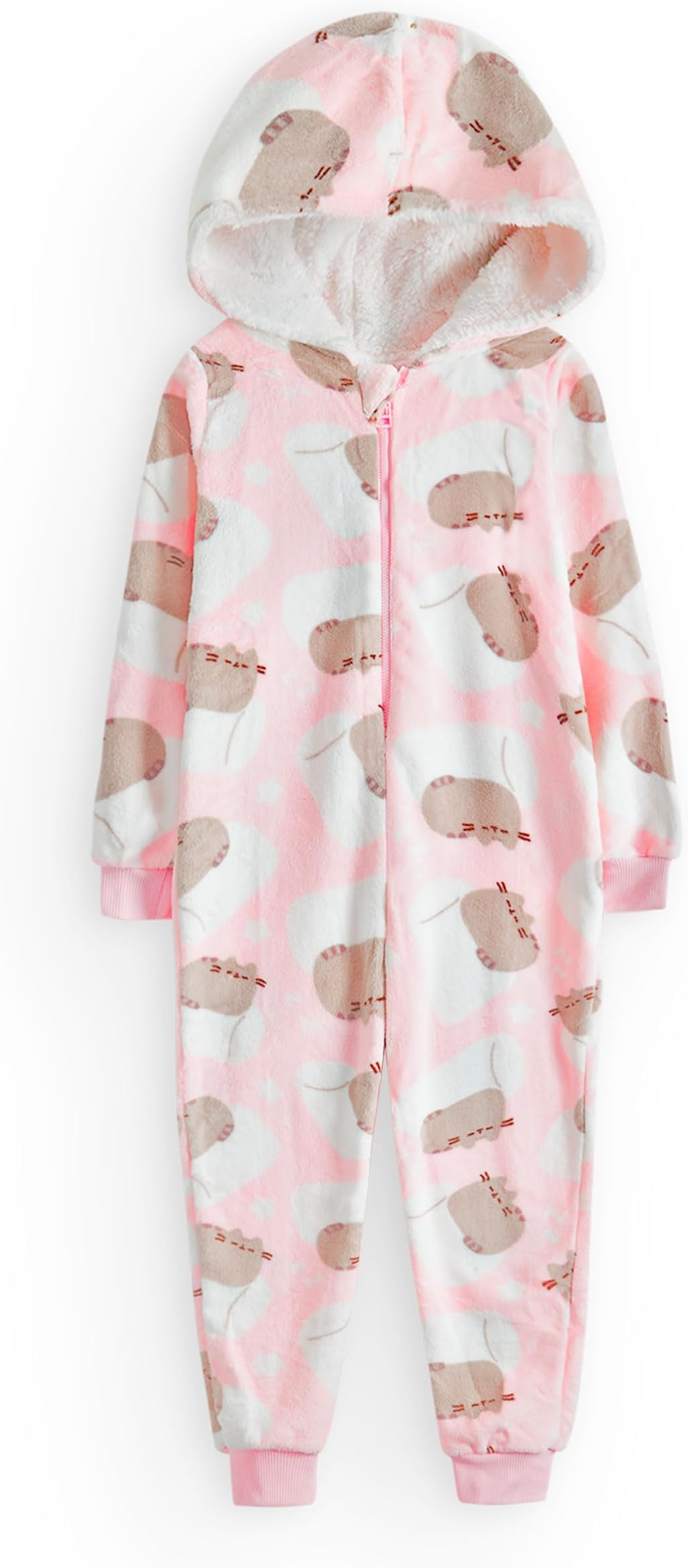 Onesie For Girls | Kids Teens Pink Multi Brown OR Character Options Cat Pajamas | Sherpa Fleece Hood with Zip
