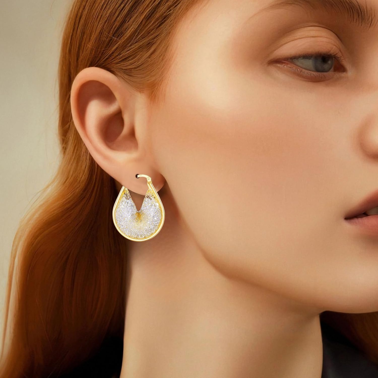 14K Gold Plated 25–33mm Mesh Hoop Earrings for Women, Cubic Zirconia, 925 Sterling Silver Post, Hypoallergenic Jewelry - Image 8