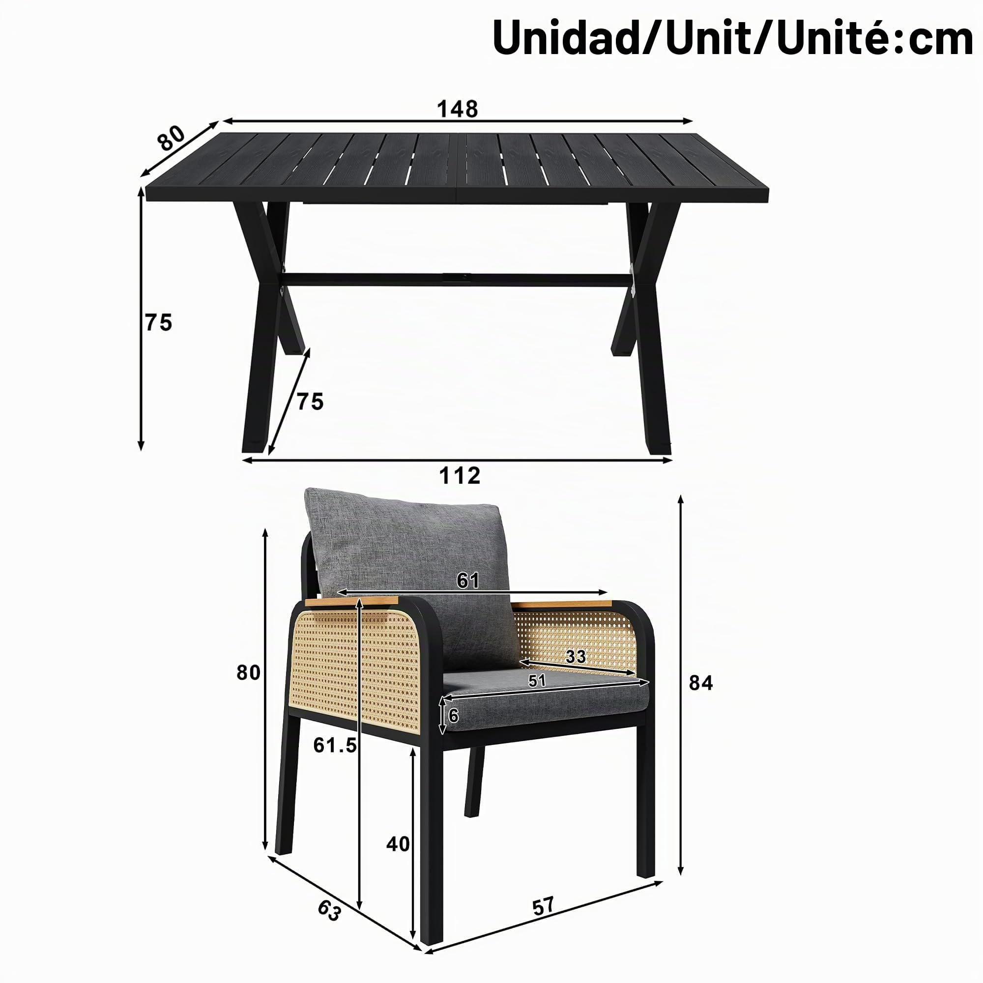 Conjunto de Jardin Exterior para 6 Personas, 7 Piezas, Set Muebles Jardin con 6 Sillones de Ratán y Mesa, Sillas con Cojines, Juego de Muebles de Jardín para Terraza Patio (Negro + Natural)