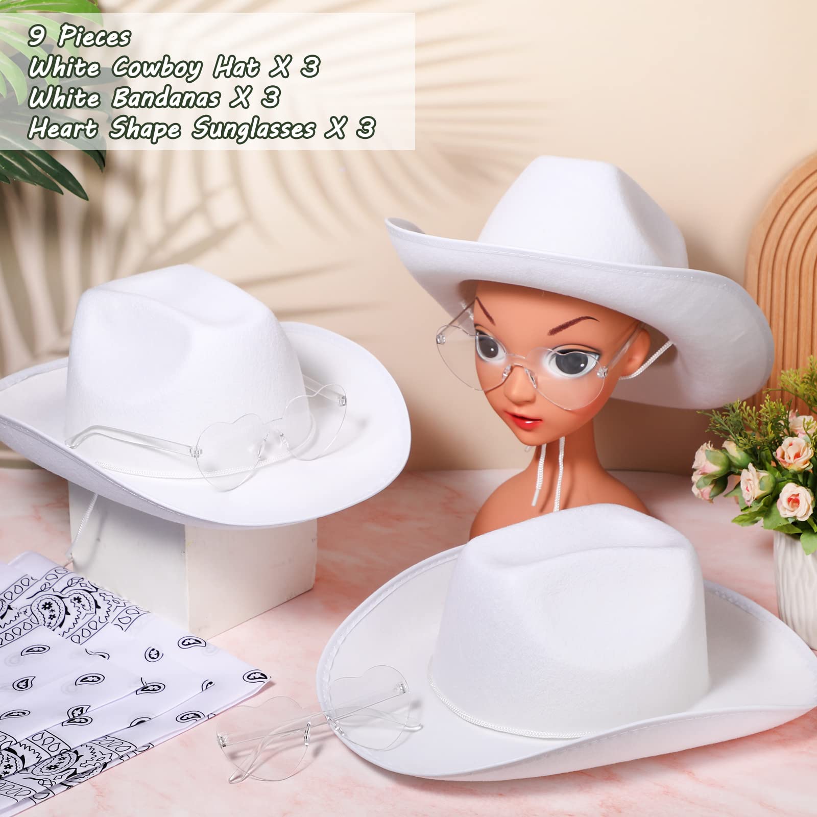 9 Pieces Cowboy Hat for Adult with Adjustable Neck Drawstring, Paisley Print Bandanas Cowboy Bandanas Unisex Head Wrap Scarf Heart Shape Sunglasses Western Fancy Dress Accessory (White)