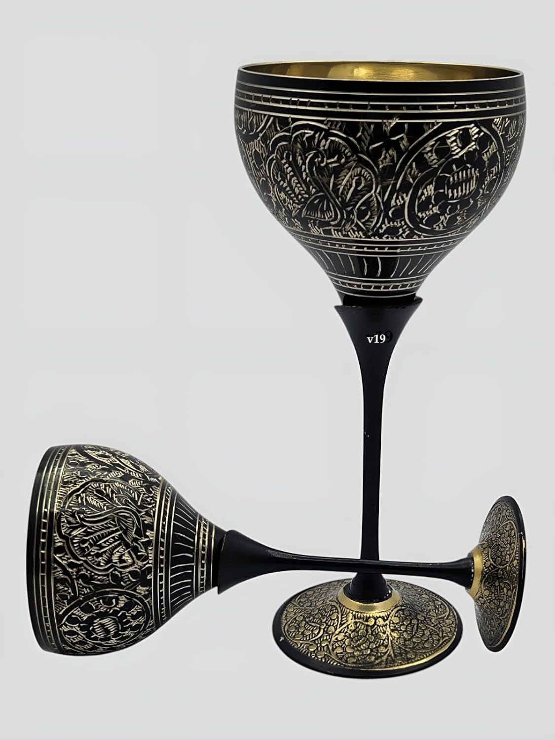 V19 Rustic Engraved Goblet Brass Glass Handmade Royal king Wine 2 Cups, 6 x 3 inchess, Black Finish