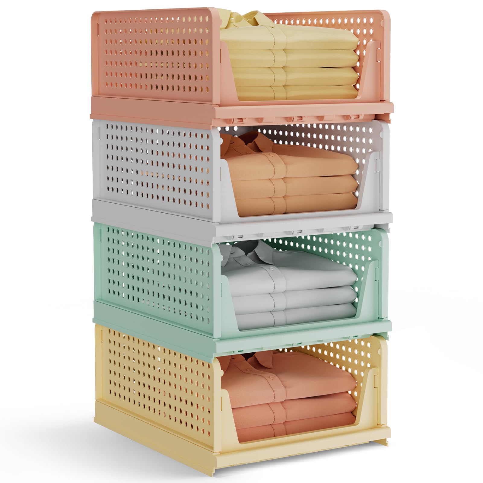 Warmiehomy Set of 4 Wardrobe Storage Organiser Shelves Mix-Color Stackable Drawer Closet Organisers Storage Boxes for Wardrobe for Cabinet Pantry Laundry Living Room