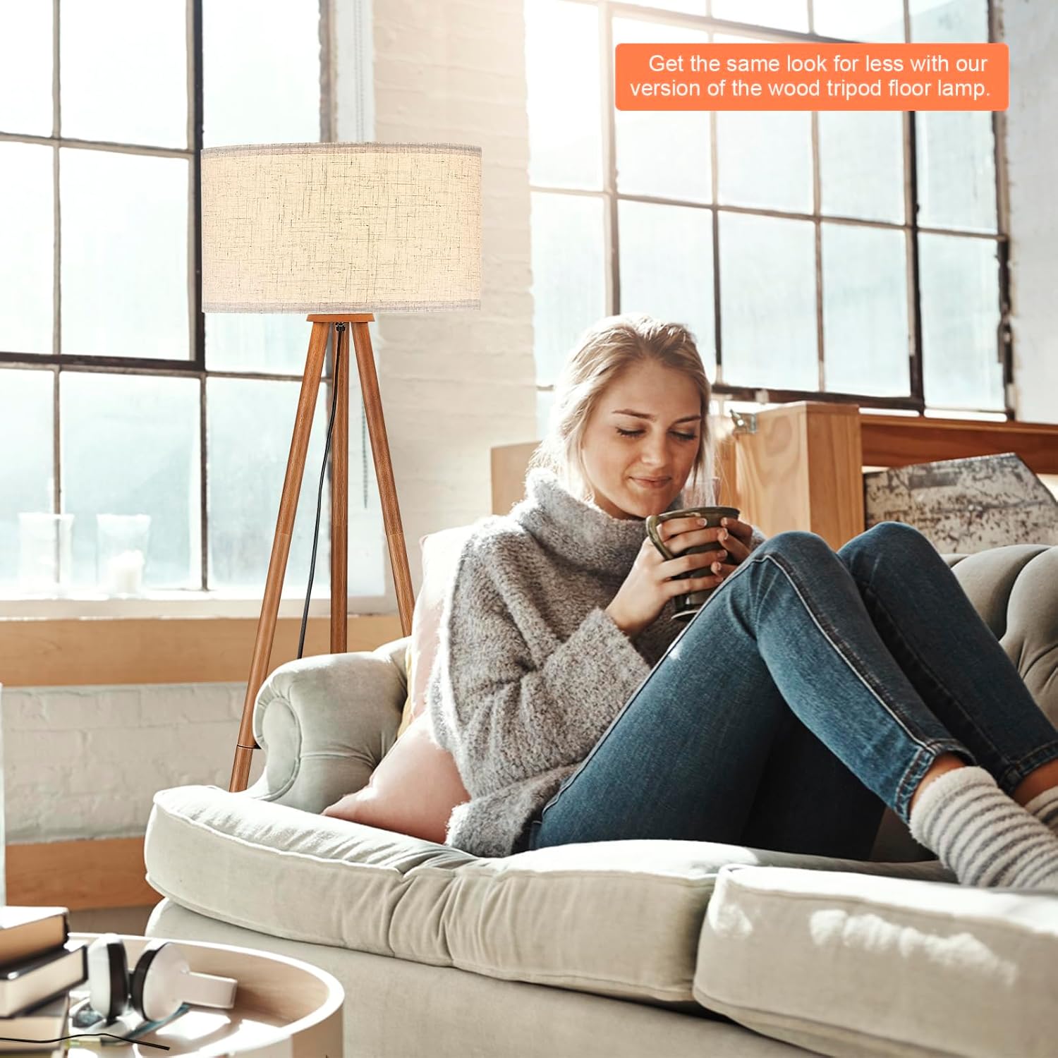 BTP Wood Tripod Floor Lamp, Farmhouse Shelf Wooden Standing light Drum Shade for Living Room, Bedroom, Office, Footswitch,ETL Listed/Brown Wood Color, 3 Color Temparature LED Bulb Include