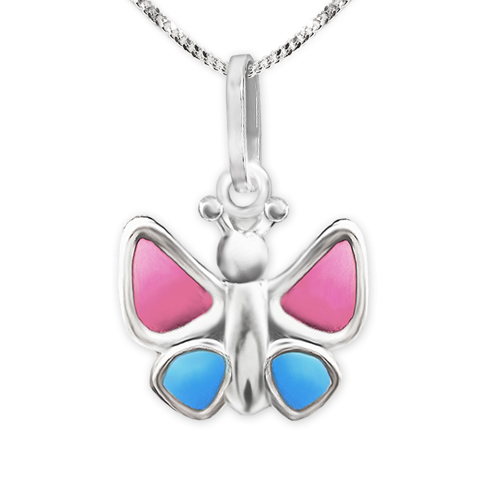Clever Schmuck zestaw srebrnych kreolek dziecięcych motyl różowy niebieski z pasującą zawieszką i łańcuszkiem pancerka 38 cm srebro sterling 925 w etui