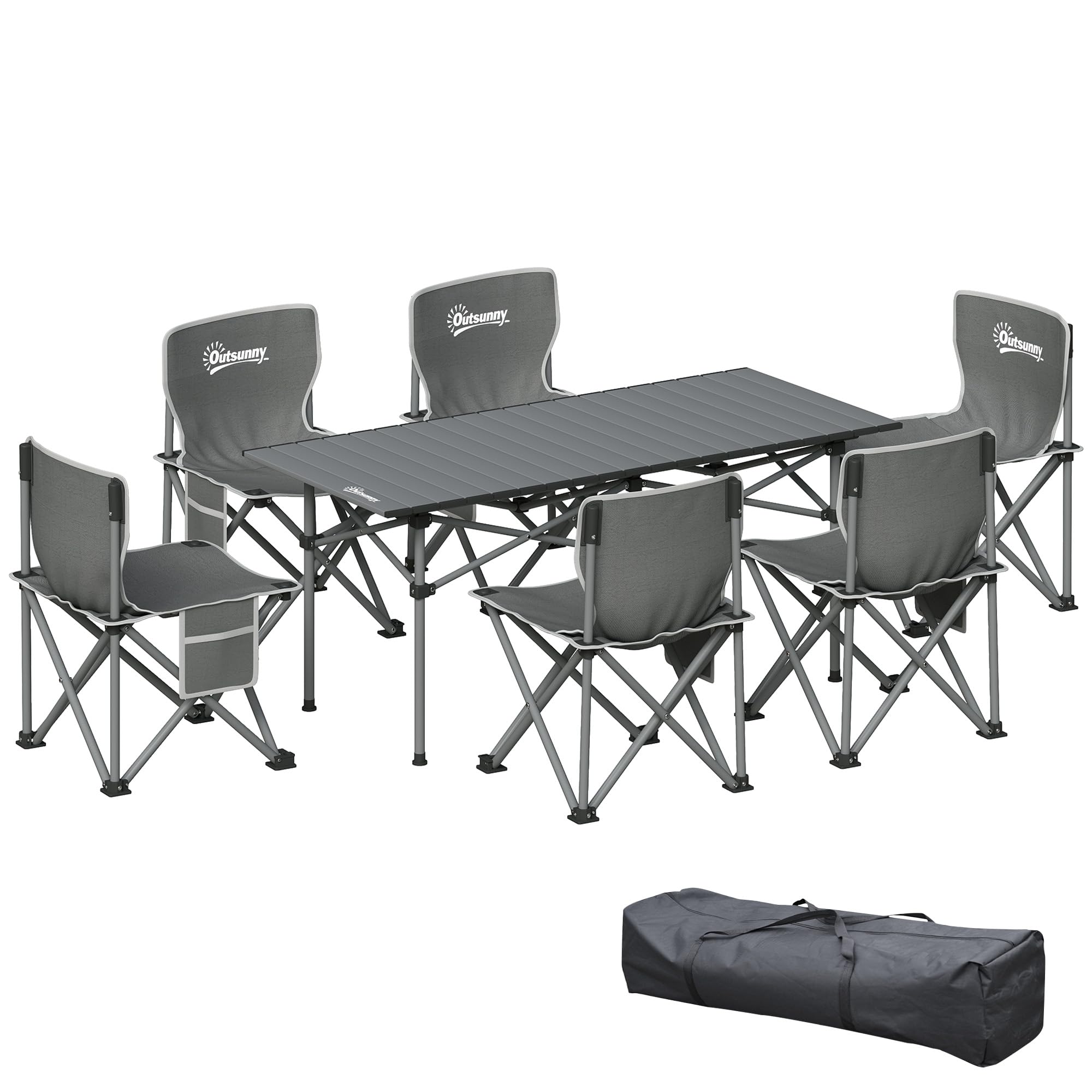 Outsunny Table de Camping avec 6 chaises Pliantes, Ensemble Table et Chaise de Camping 7 pièces avec Sacs de Transport et Poches latérales, 120 x 55 x 50 cm, Gris foncé