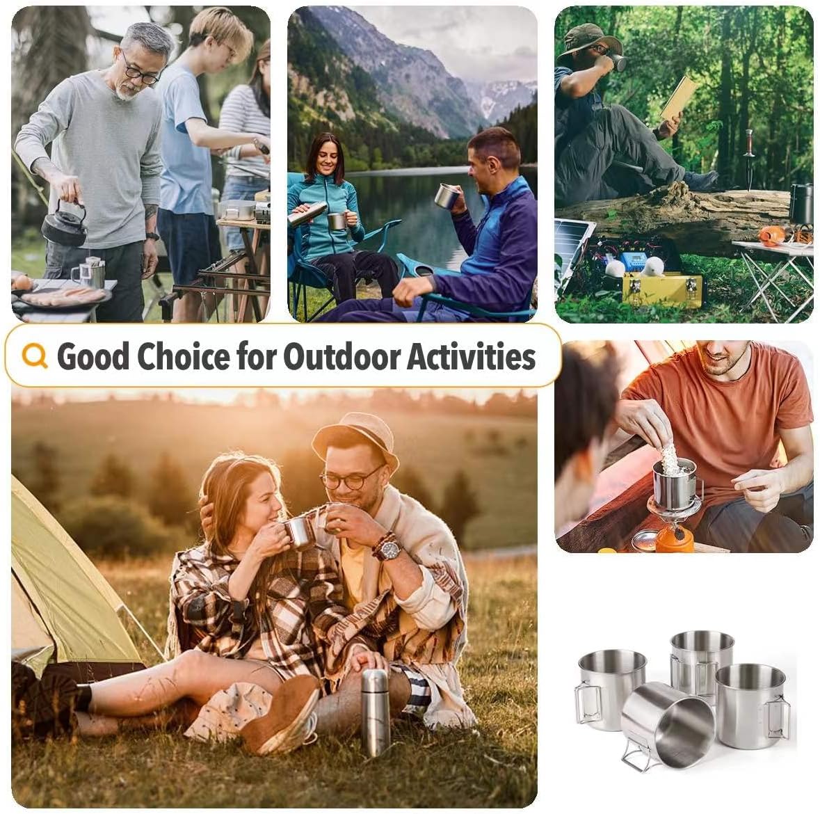 Stainless Steel Camping Mugs Outdoors Drinking Cup Picnic Mug with Foldable Handle Geat for Picnic,Hiking, Backpacking and Outdoor Activities, 4 Pack 22.3oz/ 660ml