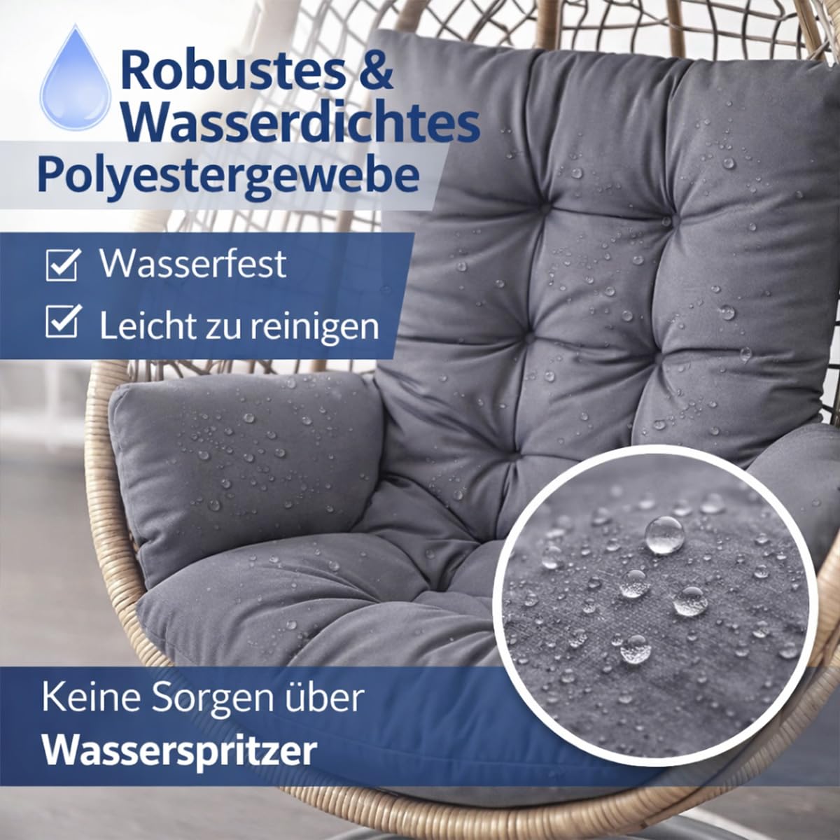 Wisząca poduszka na krzesło z wiązaniami, wodoodporna, do użytku wewnątrz i na zewnątrz, wygodna, na patio, balkon, do ogrodu, na taras, relaks, ciemnoszary