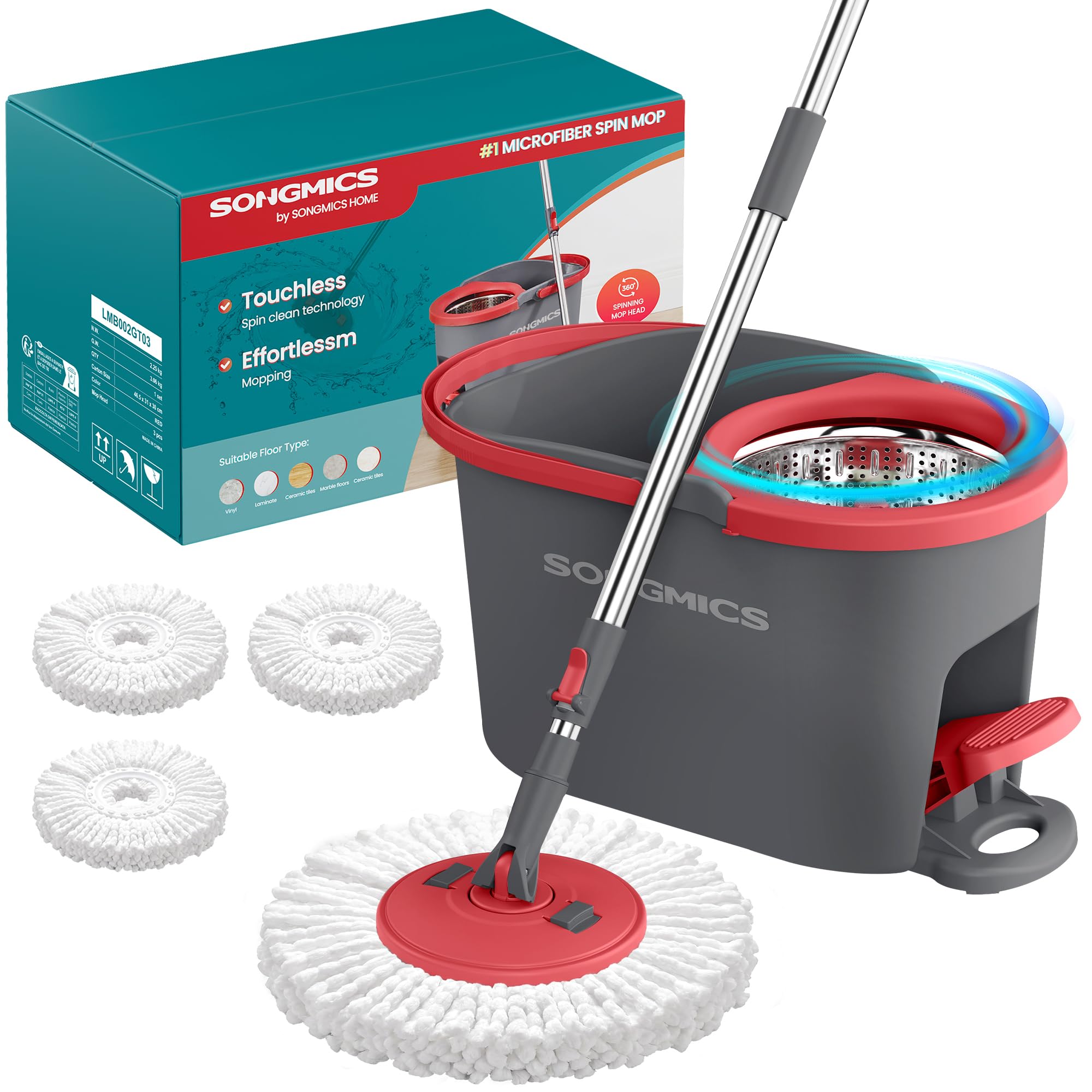 SONGMICS Wischmopp-Set mit Eimer, Bodenwischer mit Schleuder, Putzeimer mit Pedal und Auswringfunktion, Teleskopstiel 122,5-150 cm, 360°-Drehkopf, 3 Mikrofaserbezüge, grau-rot LMB002GT03